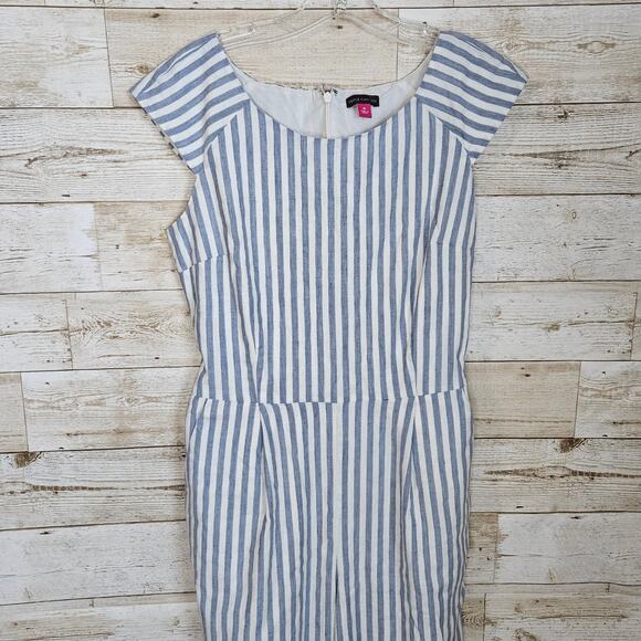 Vince Camuto Linen Jumpsuit Size 10 Striped Cap Sleeve Belted Pockets Beach Blue - Picture 4 of 14